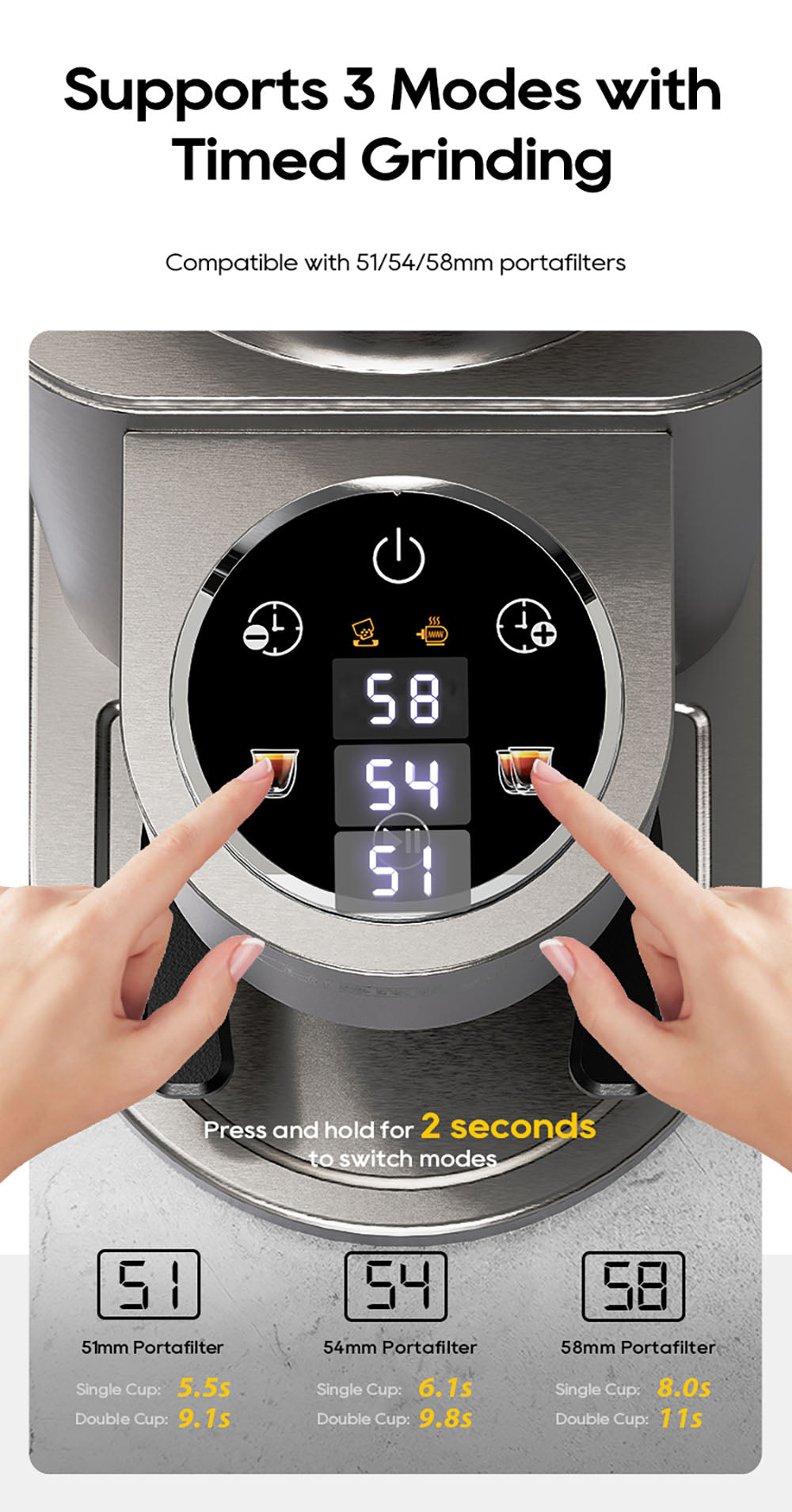 Mlýnek na kávu HiBREW G7, 48 nastavení mletí, antistatická technologie, kónický mlecí kotouč z nerezové oceli, dotykový panel, kompatibilní s portafiltry 51/54/58 mm, mletí kávy bez použití rukou