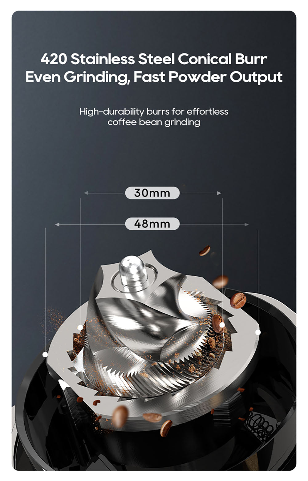 Mlýnek na kávu HiBREW G7, 48 nastavení mletí, antistatická technologie, kónický mlecí kotouč z nerezové oceli, dotykový panel, kompatibilní s portafiltry 51/54/58 mm, mletí kávy bez použití rukou