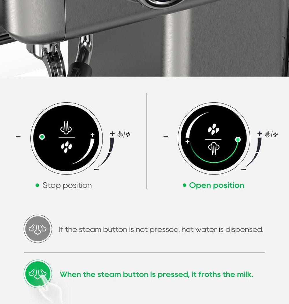 Poloautomatický kávovar HiBREW H10A, tlak 19 barů, napěňovač mléka, nastavitelná teplota, pěchovadlo na kávu 58 mm, džbán 350 ml, ohřívač šálků, kávovar na studenou/horkou kávu