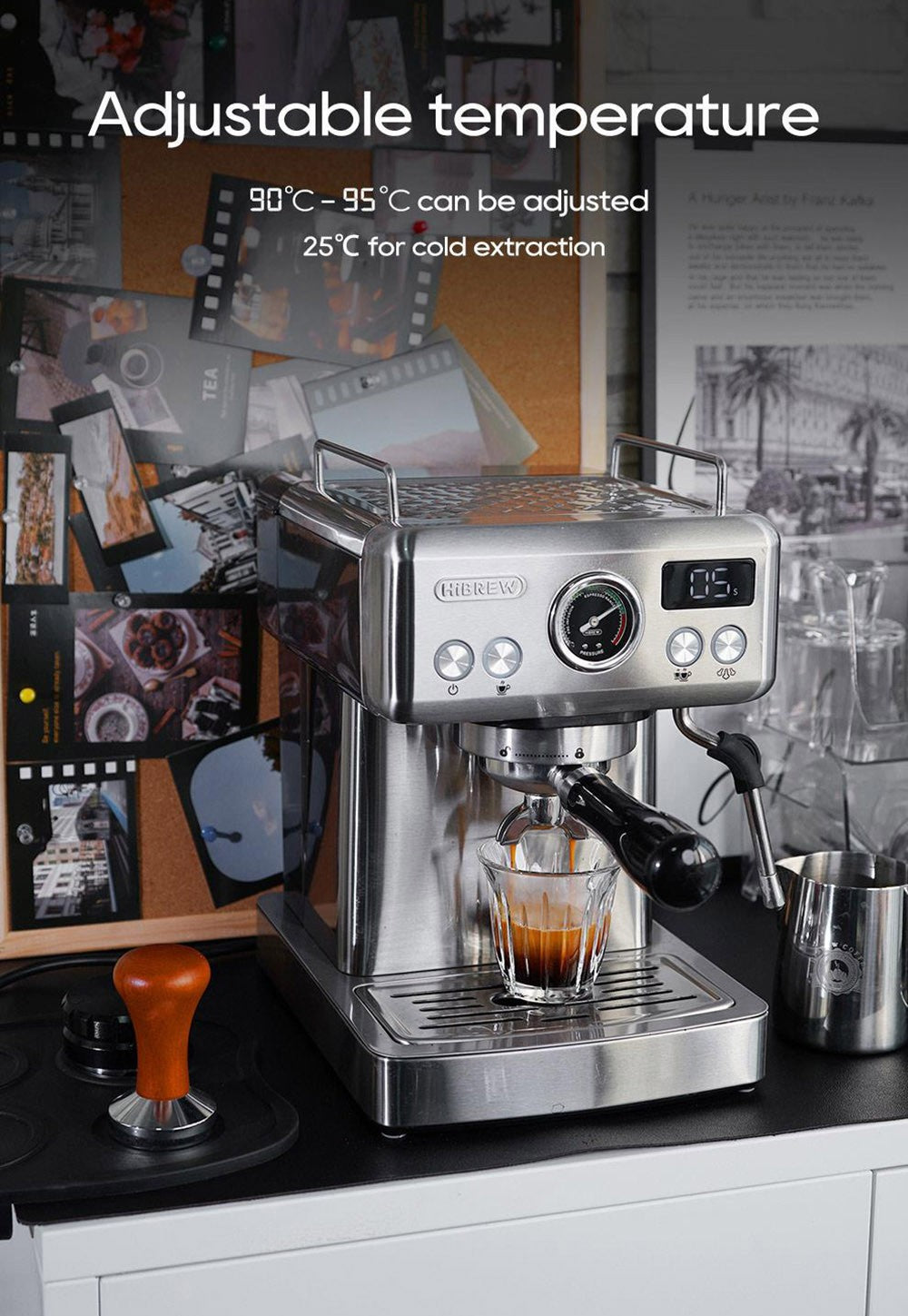 Poloautomatický kávovar HiBREW H10A, tlak 19 barů, napěňovač mléka, nastavitelná teplota, pěchovadlo na kávu 58 mm, džbán 350 ml, ohřívač šálků, kávovar na studenou/horkou kávu