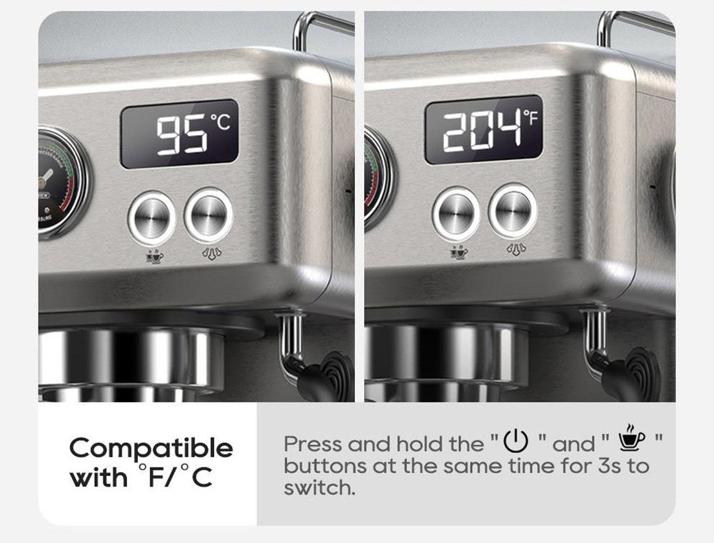 Poloautomatický kávovar HiBREW H10A, tlak 19 barů, napěňovač mléka, nastavitelná teplota, pěchovadlo na kávu 58 mm, džbán 350 ml, ohřívač šálků, kávovar na studenou/horkou kávu