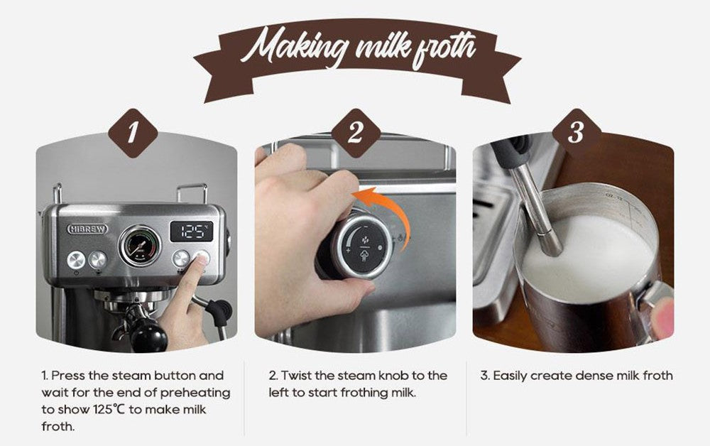 Poloautomatický kávovar HiBREW H10A, tlak 19 barů, napěňovač mléka, nastavitelná teplota, pěchovadlo na kávu 58 mm, džbán 350 ml, ohřívač šálků, kávovar na studenou/horkou kávu