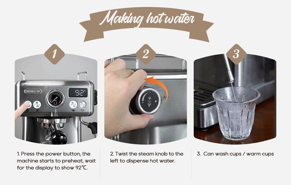 Poloautomatický kávovar HiBREW H10A, tlak 19 barů, napěňovač mléka, nastavitelná teplota, pěchovadlo na kávu 58 mm, džbán 350 ml, ohřívač šálků, kávovar na studenou/horkou kávu