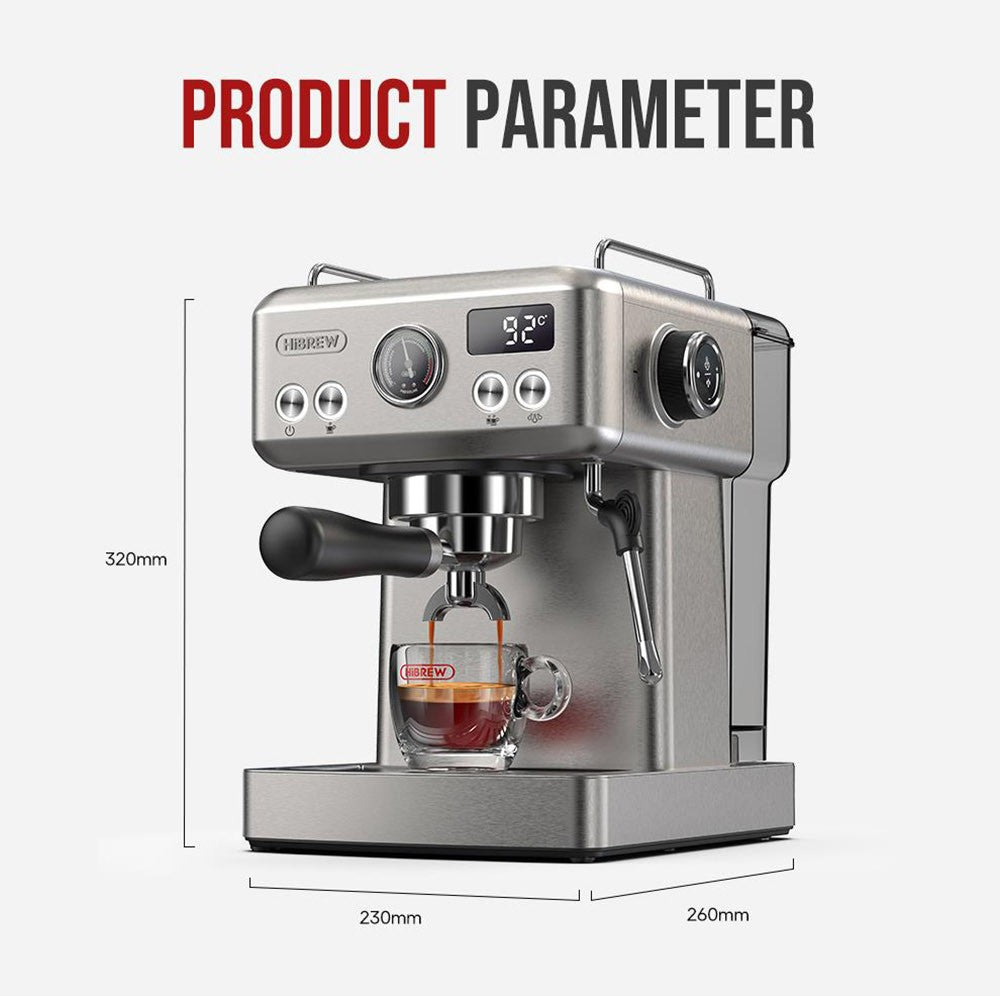 Poloautomatický espresso kávovar HiBREW H10A, tlak 19 barů, napěňovač mléka, nastavitelná teplota, pěchovadlo na kávu 58 mm, džbán 350 ml, ohřívač šálků, kávovar na studenou/horkou kávu