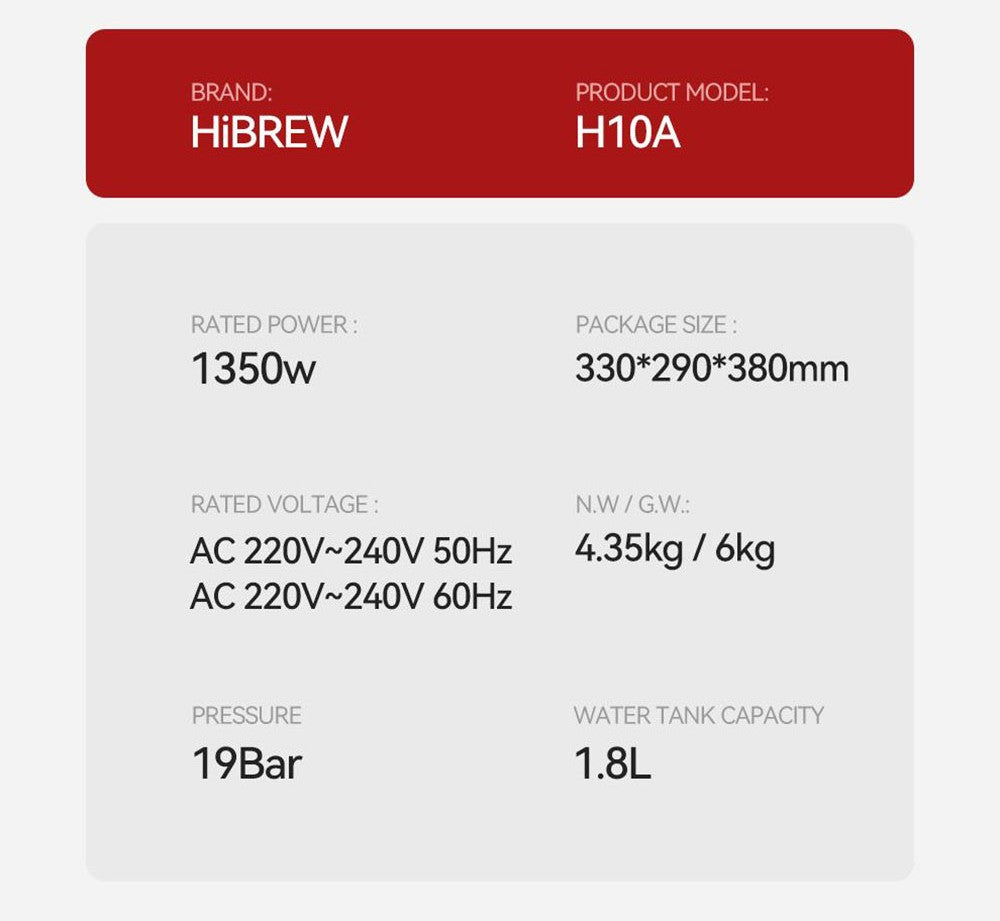 Poloautomatický espresso kávovar HiBREW H10A, tlak 19 barů, napěňovač mléka, nastavitelná teplota, pěchovadlo na kávu 58 mm, džbán 350 ml, ohřívač šálků, kávovar na studenou/horkou kávu