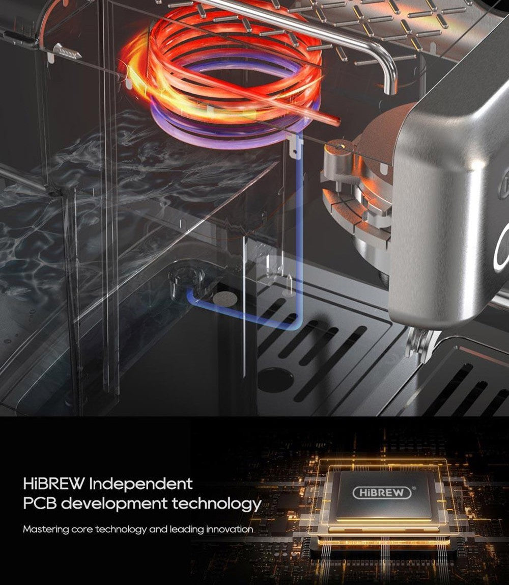 Poloautomatický kávovar HiBREW H10A, tlak 19 barů, napěňovač mléka, nastavitelná teplota, pěchovadlo na kávu 58 mm, džbán 350 ml, ohřívač šálků, kávovar na studenou/horkou kávu