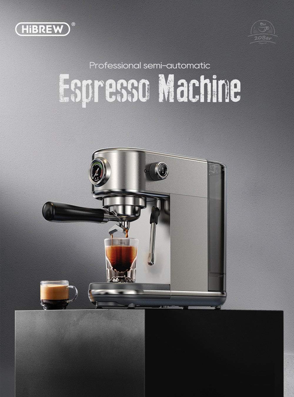Espresso kávovar HiBREW H10B, tlak extrakce 20 barů, poloautomatický, nastavitelná teplota a objem šálku, rukojeť z hliníkové slitiny 51 mm, odnímatelná nádržka na vodu 1,3 l, stříbrná