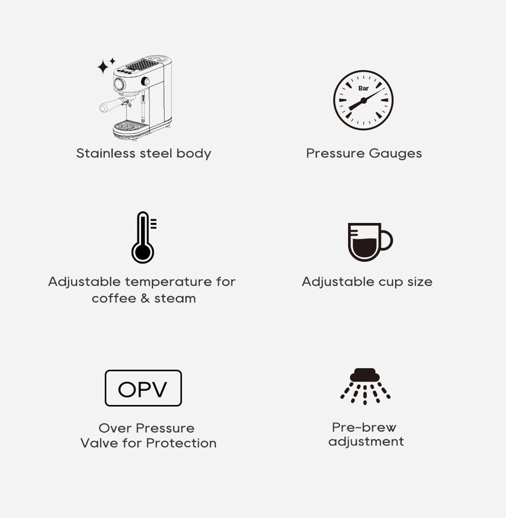 Espresso kávovar HiBREW H10B, tlak extrakce 20 barů, poloautomatický, nastavitelná teplota a objem šálku, rukojeť z hliníkové slitiny 51 mm, odnímatelná nádržka na vodu 1,3 l, stříbrná