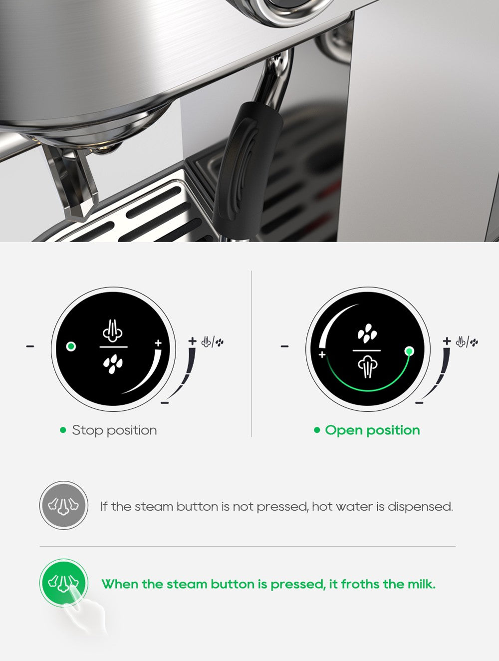 Espresso kávovar HiBREW H10B, tlak extrakce 20 barů, poloautomatický, nastavitelná teplota a objem šálku, rukojeť z hliníkové slitiny 51 mm, odnímatelná nádržka na vodu 1,3 l, stříbrná