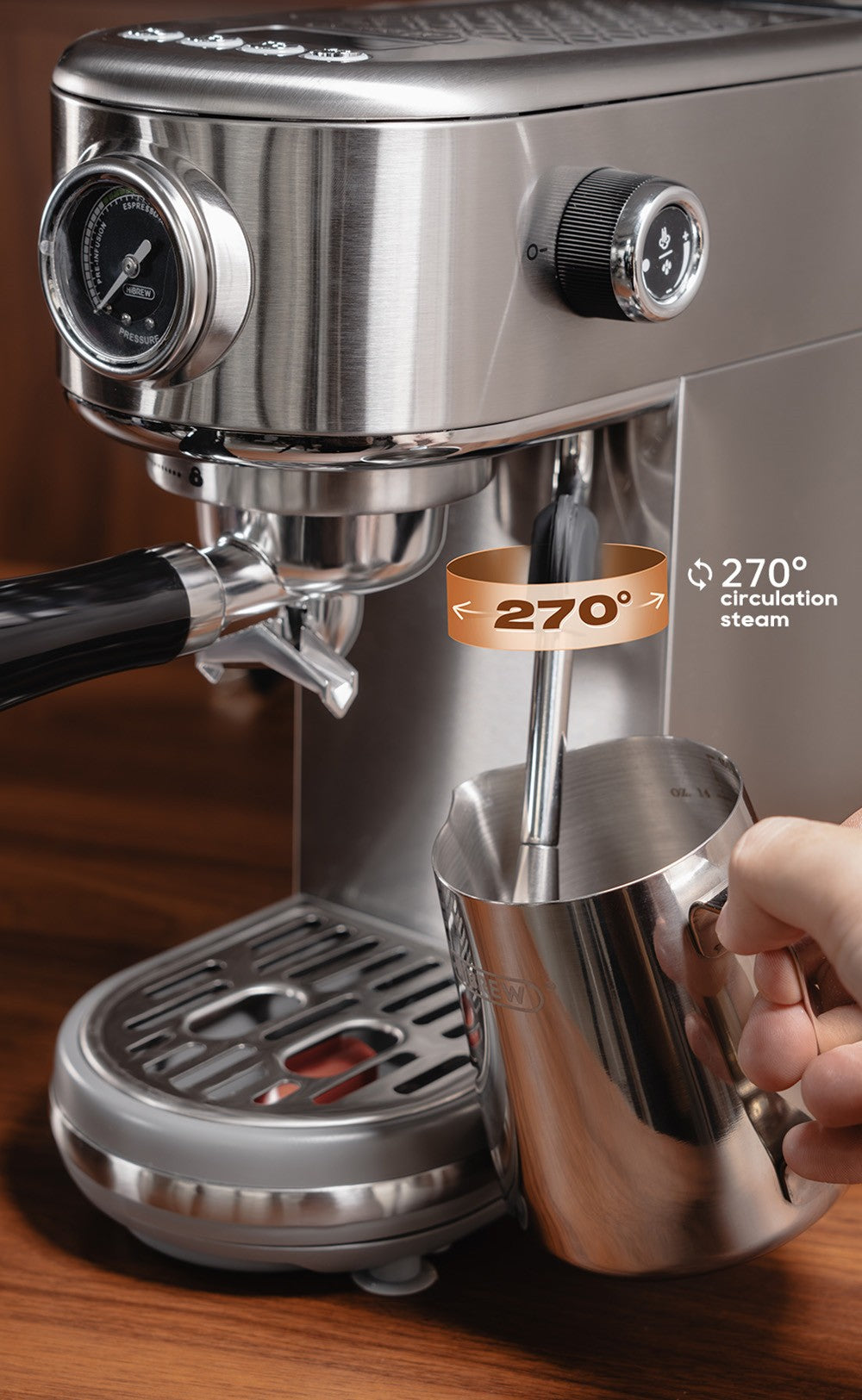 Espresso kávovar HiBREW H10B, tlak extrakce 20 barů, poloautomatický, nastavitelná teplota a objem šálku, rukojeť z hliníkové slitiny 51 mm, odnímatelná nádržka na vodu 1,3 l, stříbrná