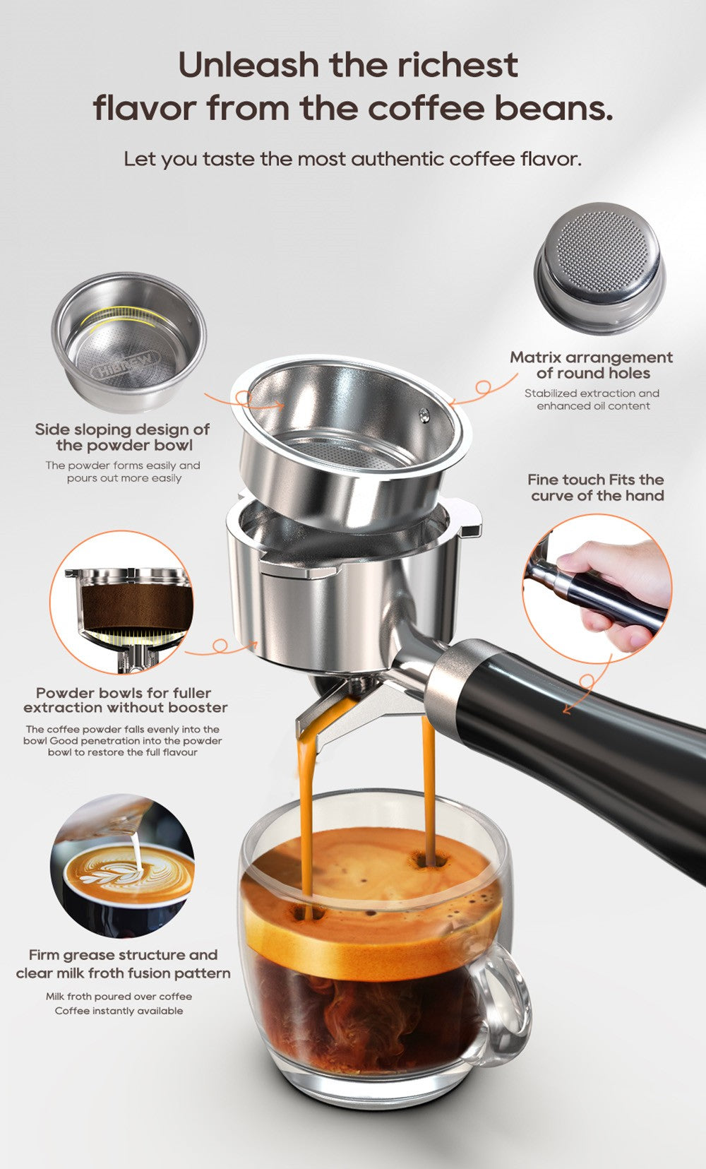 Espresso kávovar HiBREW H10B, tlak extrakce 20 barů, poloautomatický, nastavitelná teplota a objem šálku, rukojeť z hliníkové slitiny 51 mm, odnímatelná nádržka na vodu 1,3 l, stříbrná