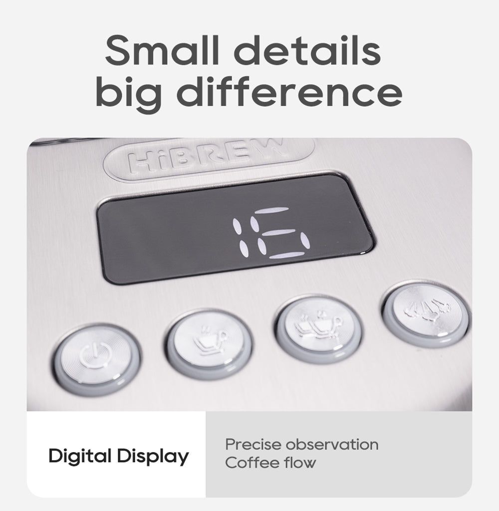 Espresso kávovar HiBREW H10B, tlak extrakce 20 barů, poloautomatický, nastavitelná teplota a objem šálku, rukojeť z hliníkové slitiny 51 mm, odnímatelná nádržka na vodu 1,3 l, stříbrná