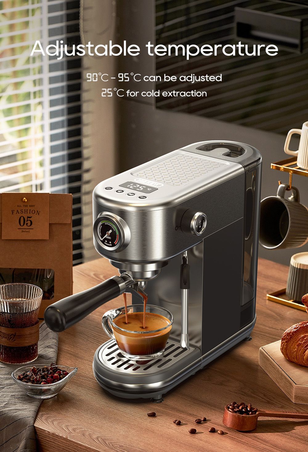Espresso kávovar HiBREW H10B, tlak extrakce 20 barů, poloautomatický, nastavitelná teplota a objem šálku, rukojeť z hliníkové slitiny 51 mm, odnímatelná nádržka na vodu 1,3 l, stříbrná