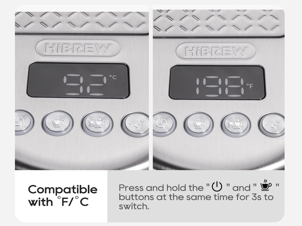 Espresso kávovar HiBREW H10B, tlak extrakce 20 barů, poloautomatický, nastavitelná teplota a objem šálku, rukojeť z hliníkové slitiny 51 mm, odnímatelná nádržka na vodu 1,3 l, stříbrná