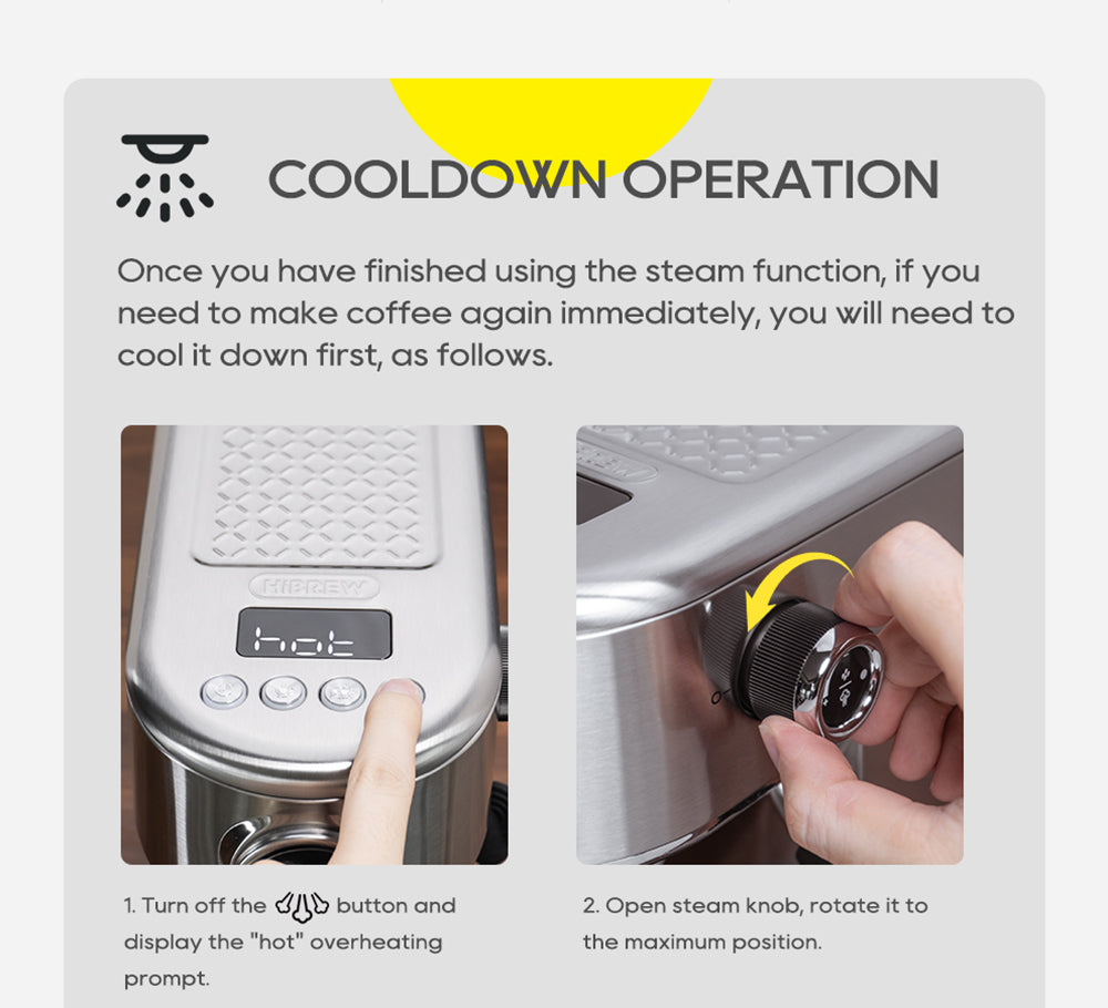 Espresso kávovar HiBREW H10B, tlak extrakce 20 barů, poloautomatický, nastavitelná teplota a objem šálku, rukojeť z hliníkové slitiny 51 mm, odnímatelná nádržka na vodu 1,3 l, stříbrná