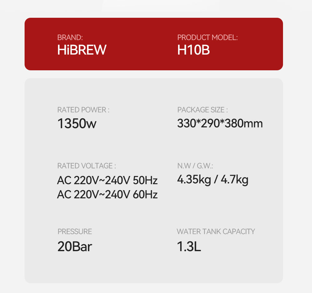 Espresso kávovar HiBREW H10B, tlak extrakce 20 barů, poloautomatický, nastavitelná teplota a objem šálku, rukojeť z hliníkové slitiny 51 mm, odnímatelná nádržka na vodu 1,3 l, stříbrná