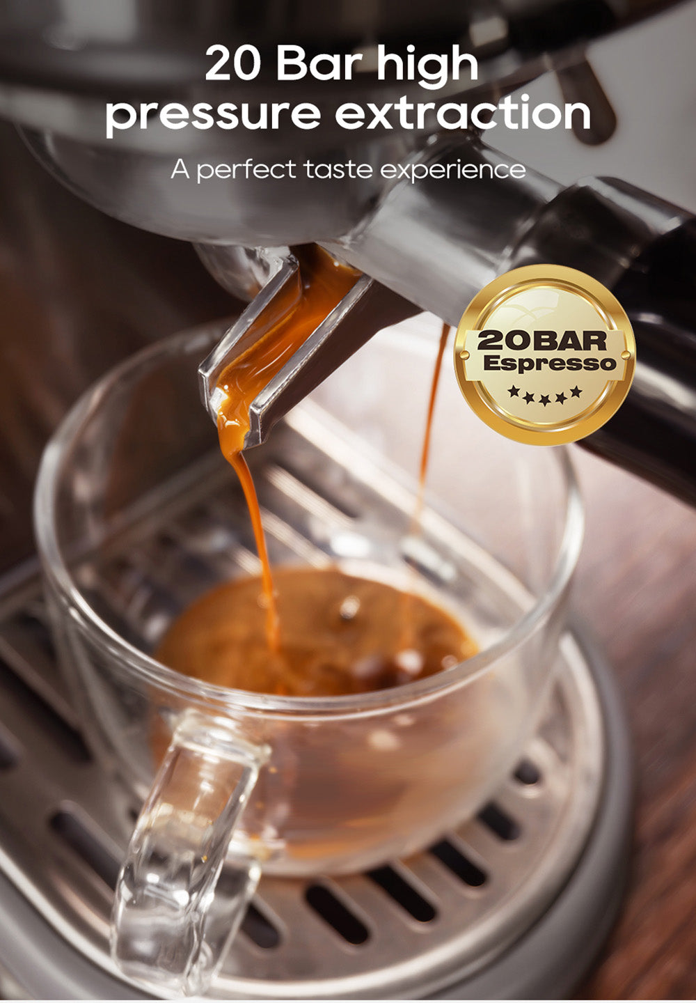 Espresso kávovar HiBREW H10B, tlak extrakce 20 barů, poloautomatický, nastavitelná teplota a objem šálku, rukojeť z hliníkové slitiny 51 mm, odnímatelná nádržka na vodu 1,3 l, stříbrná