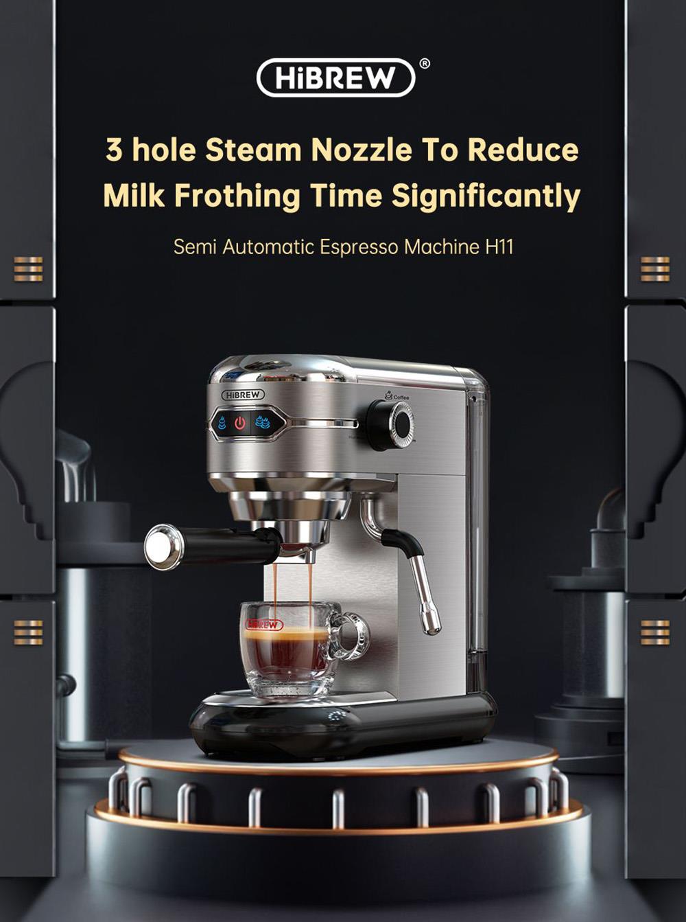 Kávovar HiBREW H11 1450 W, poloautomatický espresso kávovar s tlakem 19 barů, nádržka na vodu 1,1 l, ESE POD prášek pro dvojí použití, horká voda