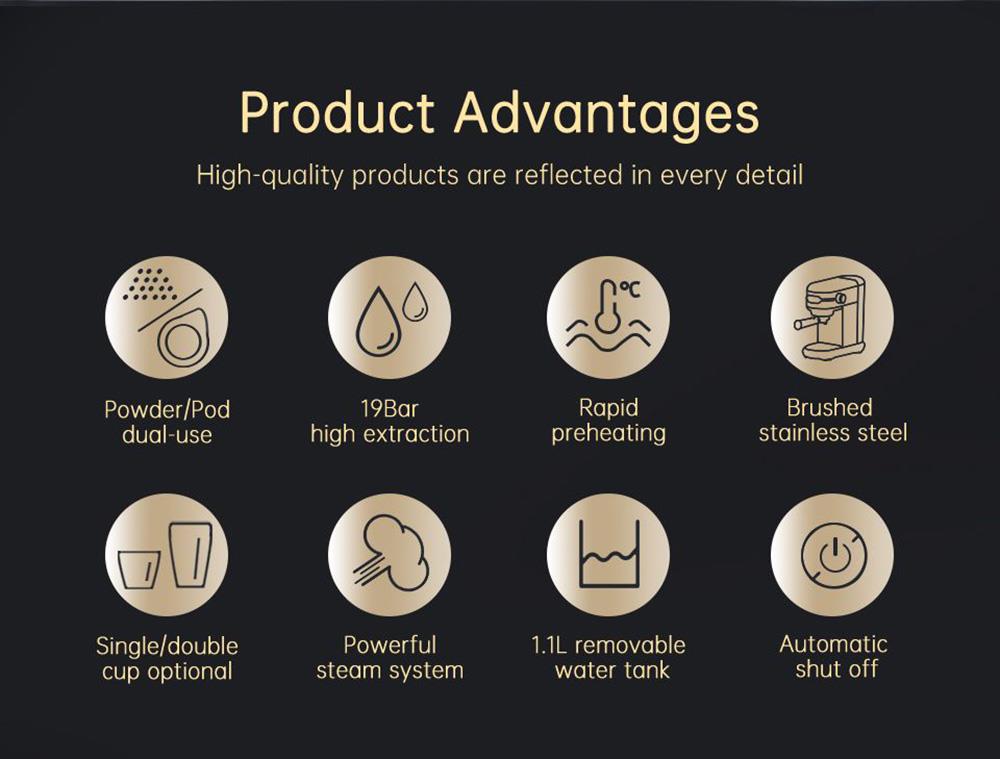 Kávovar HiBREW H11 1450 W, poloautomatický espresso kávovar s tlakem 19 barů, nádržka na vodu 1,1 l, ESE POD prášek pro dvojí použití, horká voda