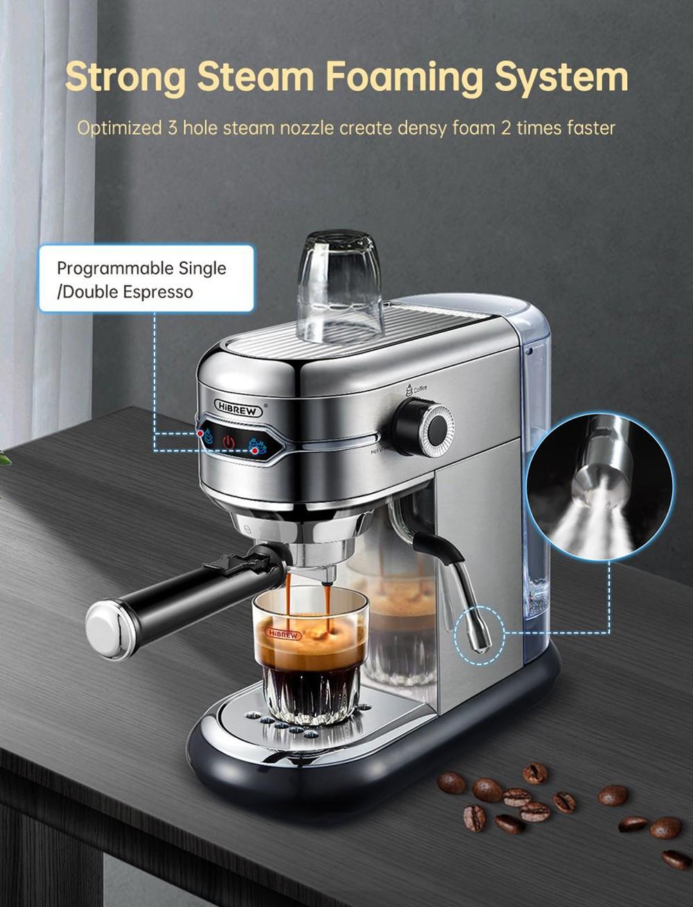 Kávovar HiBREW H11 1450 W, poloautomatický espresso kávovar s tlakem 19 barů, nádržka na vodu 1,1 l, ESE POD prášek pro dvojí použití, horká voda