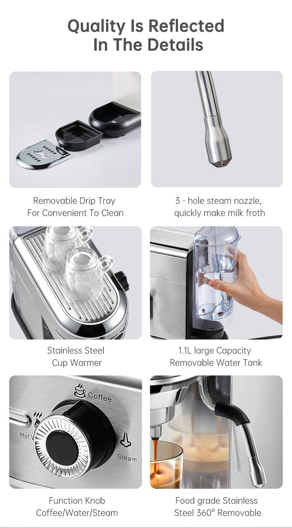 Kávovar HiBREW H11 1450 W, poloautomatický espresso kávovar s tlakem 19 barů, nádržka na vodu 1,1 l, ESE POD prášek pro dvojí použití, horká voda