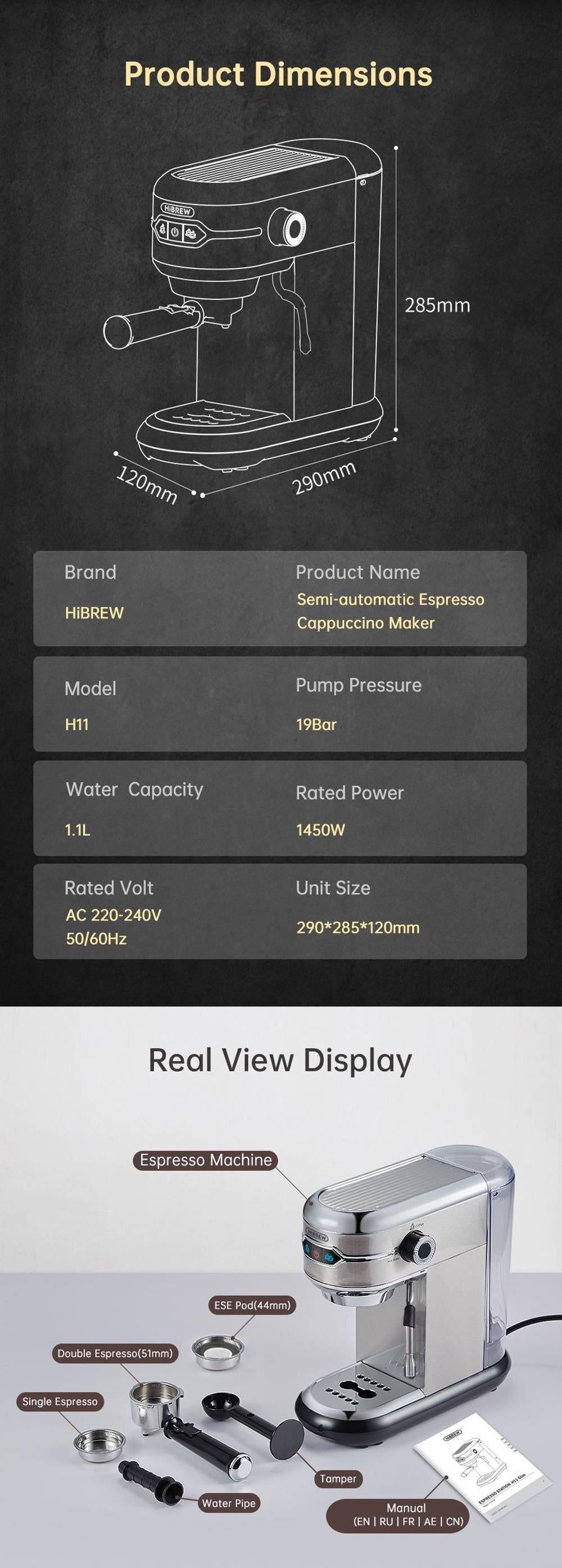 Kávovar HiBREW H11 1450 W, poloautomatický espresso kávovar s tlakem 19 barů, nádržka na vodu 1,1 l, ESE POD prášek pro dvojí použití, horká voda