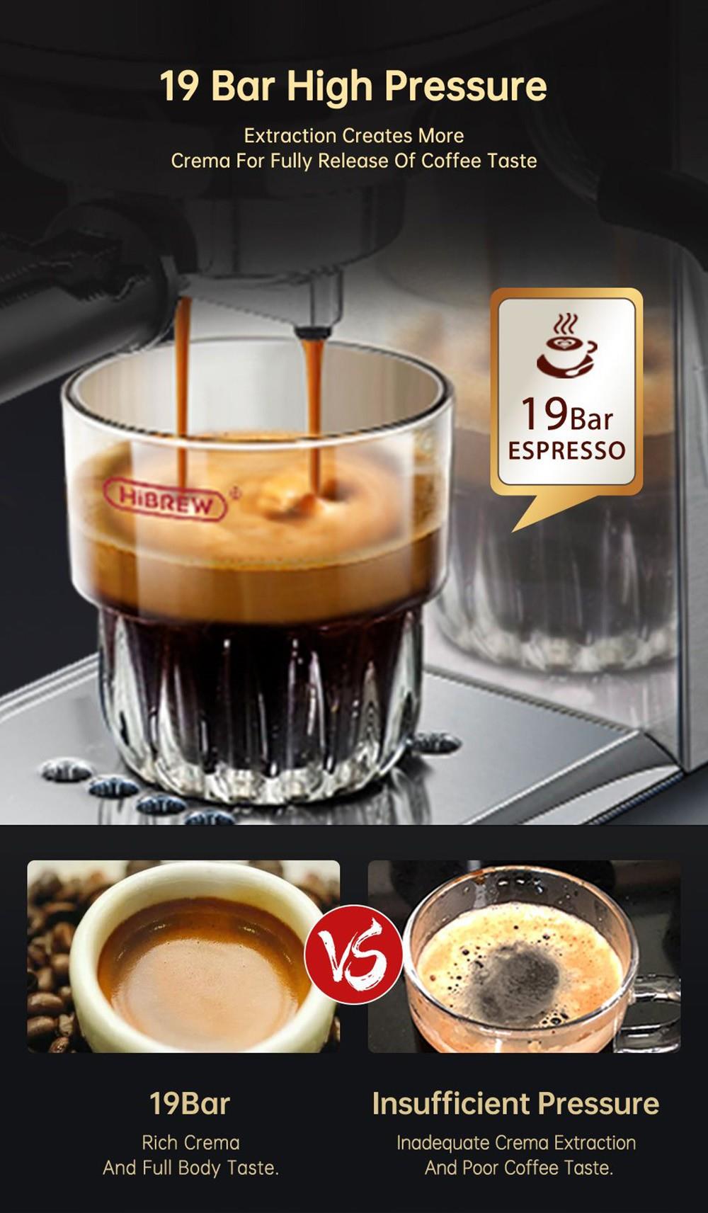 Kávovar HiBREW H11 1450 W, poloautomatický espresso kávovar s tlakem 19 barů, nádržka na vodu 1,1 l, ESE POD prášek pro dvojí použití, horká voda