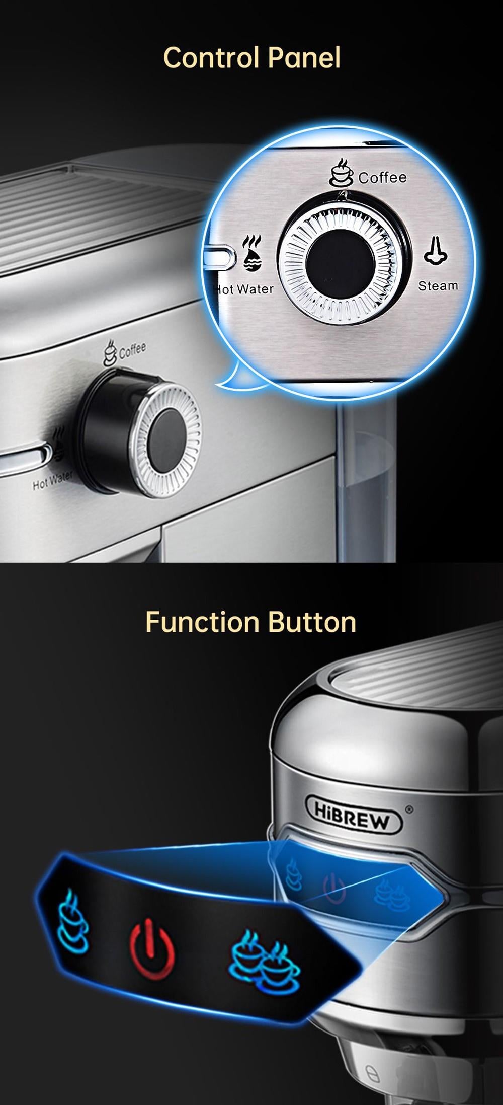 Kávovar HiBREW H11 1450 W, poloautomatický espresso kávovar s tlakem 19 barů, nádržka na vodu 1,1 l, ESE POD prášek pro dvojí použití, horká voda