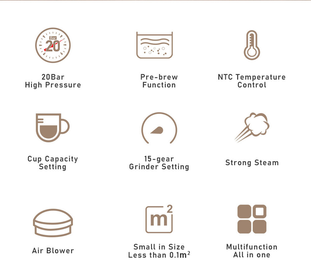 Espresso kávovar HiBREW H14, vysoký tlak 20 barů, 15stupňové nastavení mlýnku, funkce předspaření, regulace teploty NTC, nastavení objemu šálku - béžová