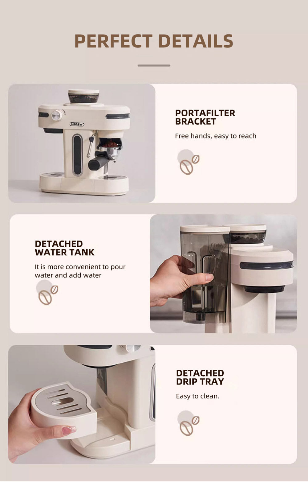 Espresso kávovar HiBREW H14, vysoký tlak 20 barů, 15stupňové nastavení mlýnku, funkce předspaření, regulace teploty NTC, nastavení objemu šálku - béžová