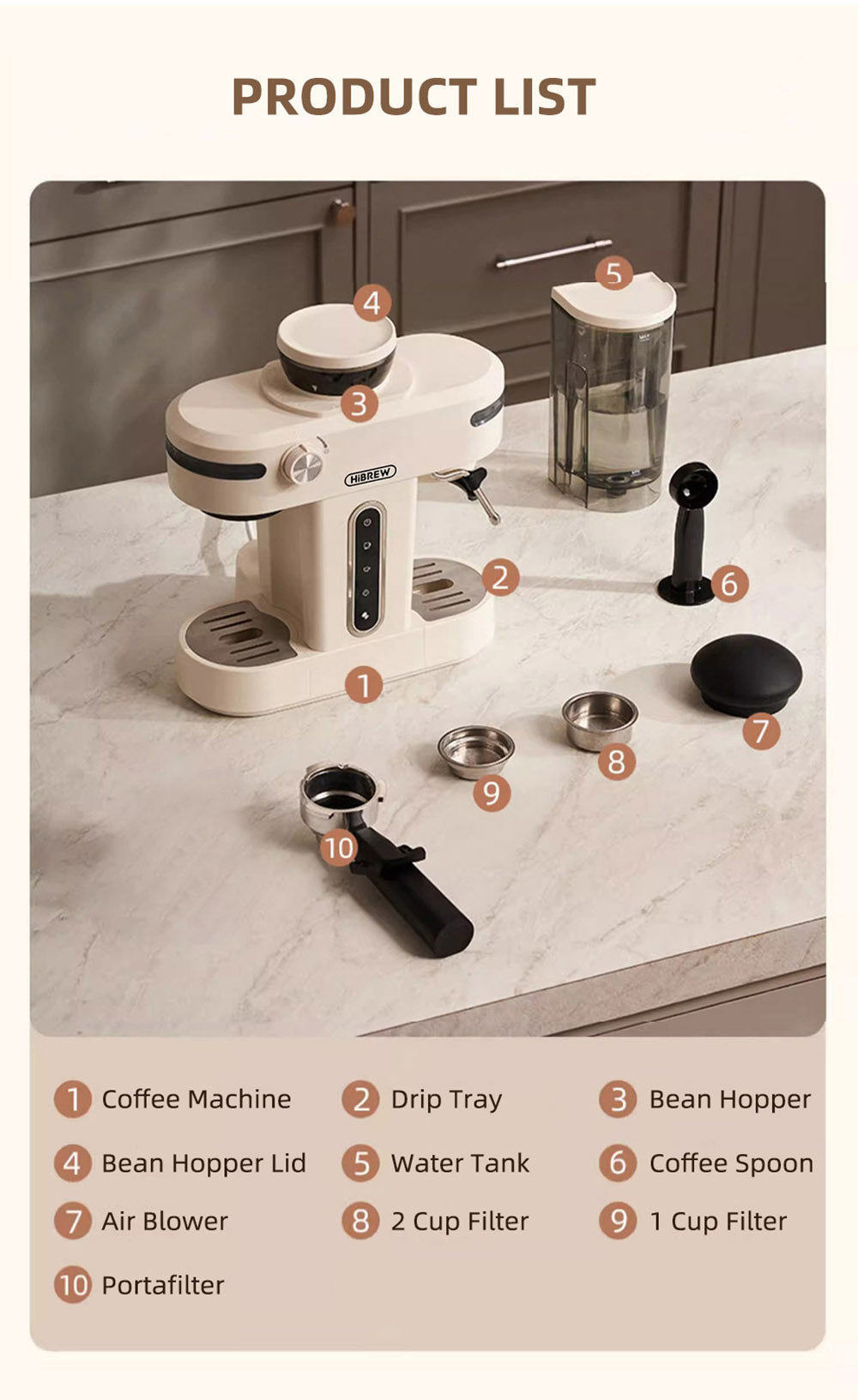 Espresso kávovar HiBREW H14, vysoký tlak 20 barů, 15stupňové nastavení mlýnku, funkce předspaření, regulace teploty NTC, nastavení objemu šálku - béžová