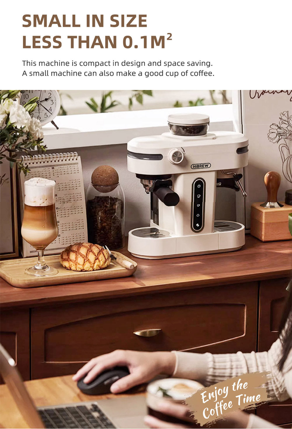 Kávovar na espresso HiBREW H14, vysoký tlak 20 barů, 15stupňové nastavení mlýnku, funkce předspaření, regulace teploty NTC, nastavení objemu šálku - béžová