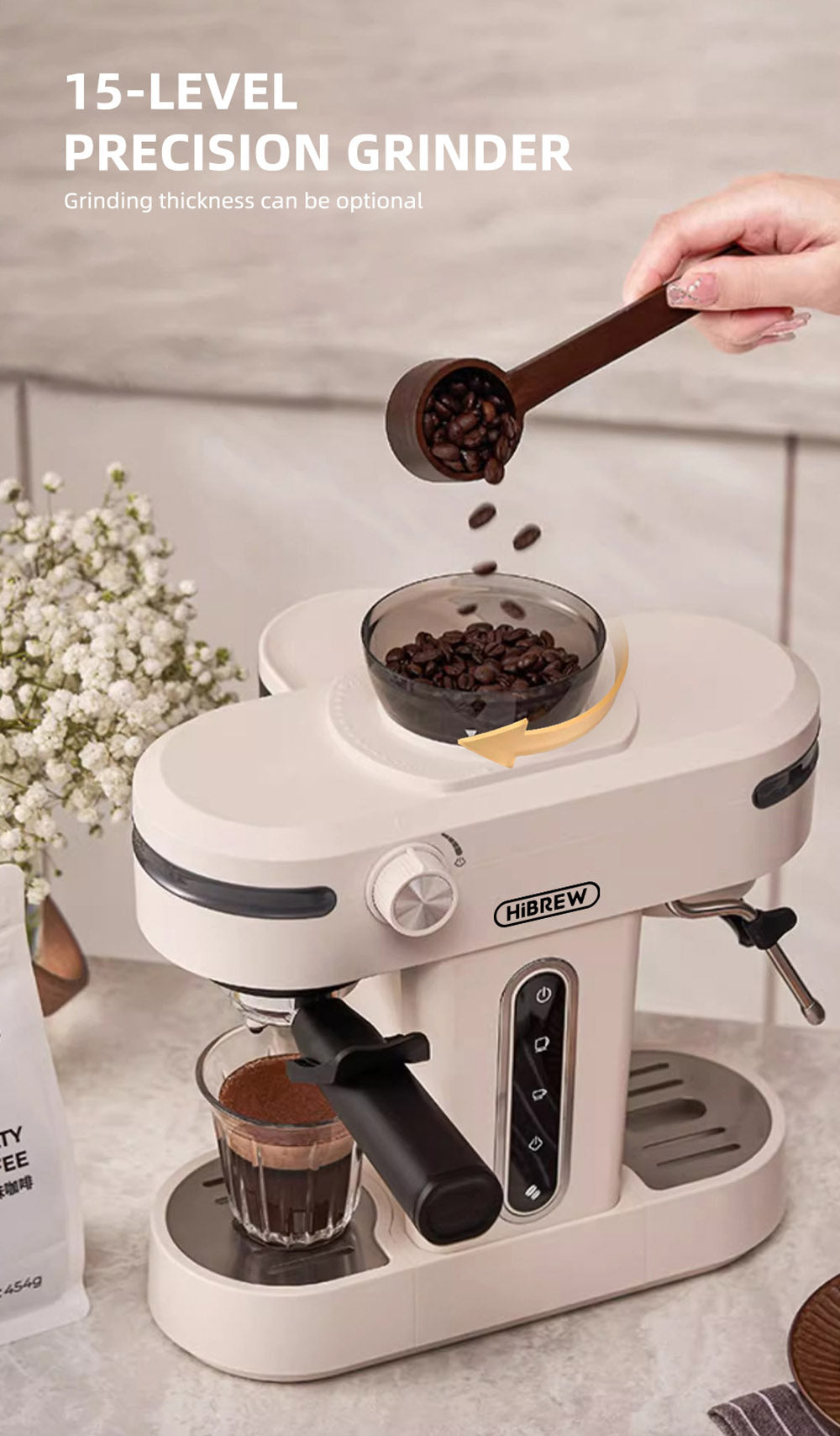 Espresso kávovar HiBREW H14, vysoký tlak 20 barů, 15stupňové nastavení mlýnku, funkce předspaření, regulace teploty NTC, nastavení objemu šálku - béžová