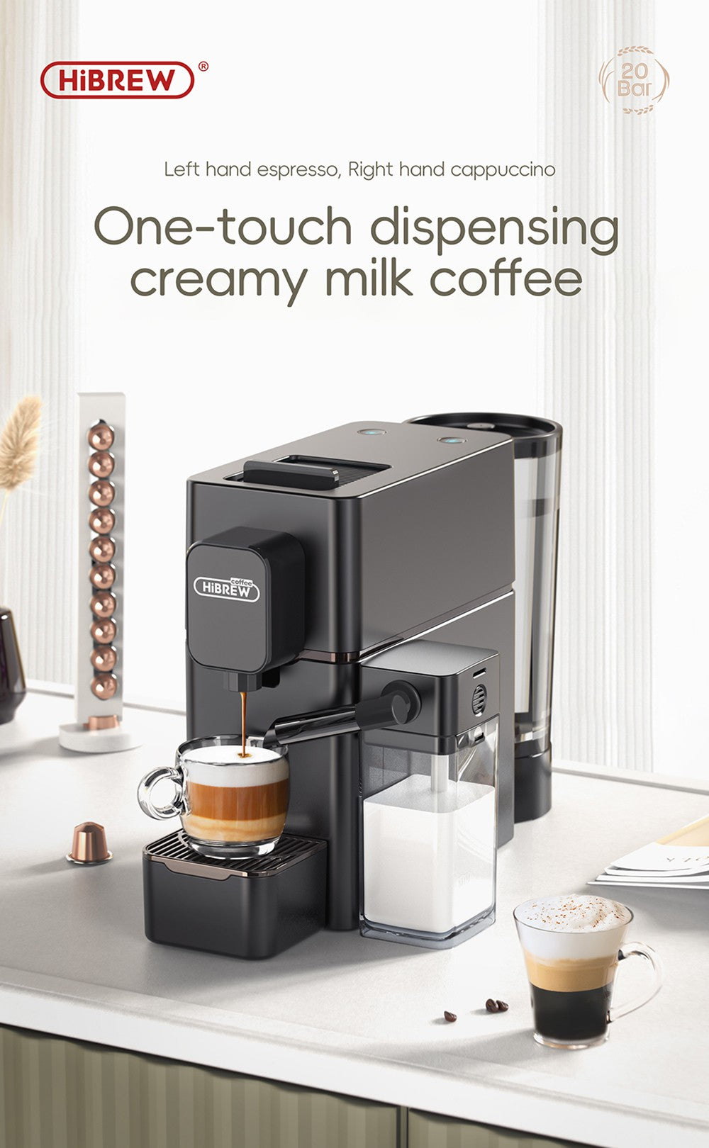 Kávovar na kapsle HiBREW H15 Nes, vysokotlaká extrakce 20 barů, odnímatelná nádržka na mléko, nastavitelná teplota a objem