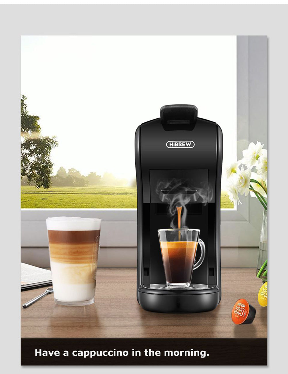 HiBREW H1A 1450W espresso kávovar, 19barová extrakce, horká/studená kávovar 4 v 1 s více kapslemi - černý
