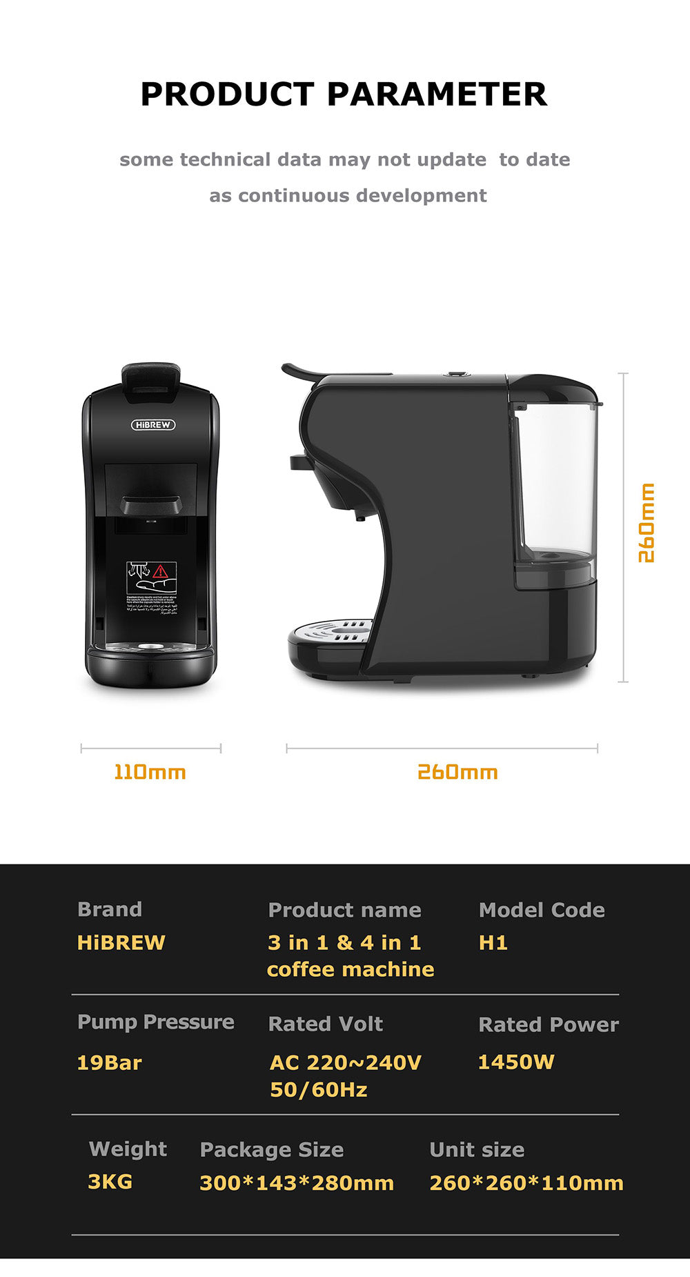 HiBREW H1A 1450W espresso kávovar, 19barová extrakce, horká/studená kávovar 4 v 1 s více kapslemi - černý