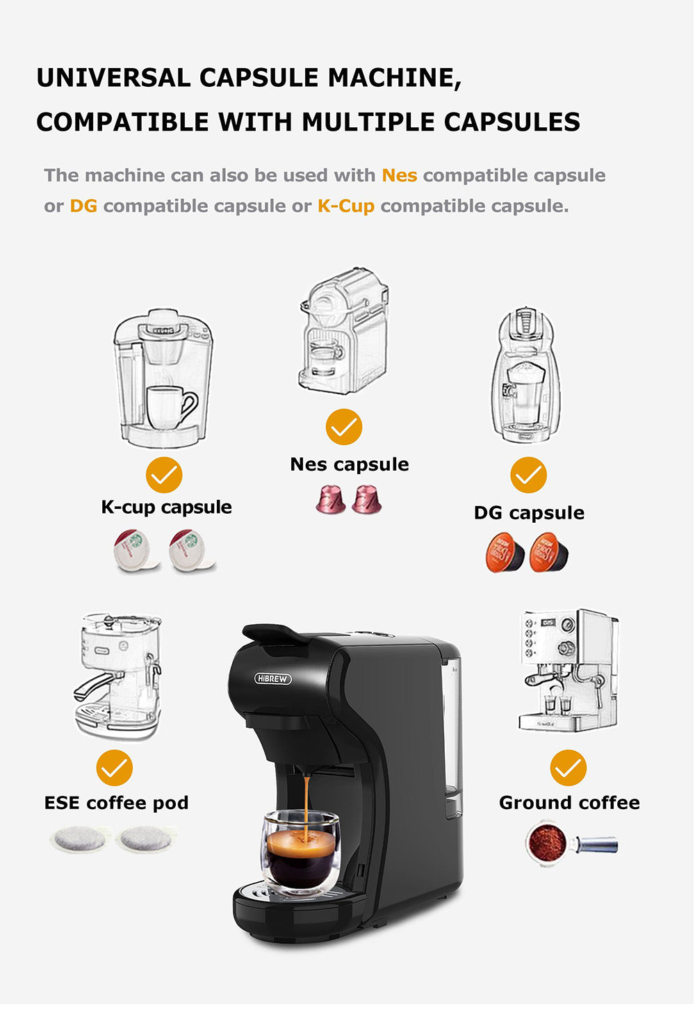 HiBREW H1A 1450W espresso kávovar, 19barová extrakce, horká/studená kávovar 4 v 1 s více kapslemi - černý