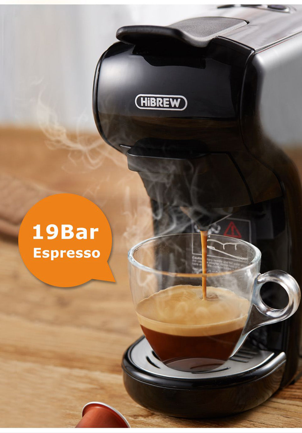 HiBREW H1A 1450W espresso kávovar, 19barová extrakce, horká/studená kávovar 4 v 1 s více kapslemi - černý