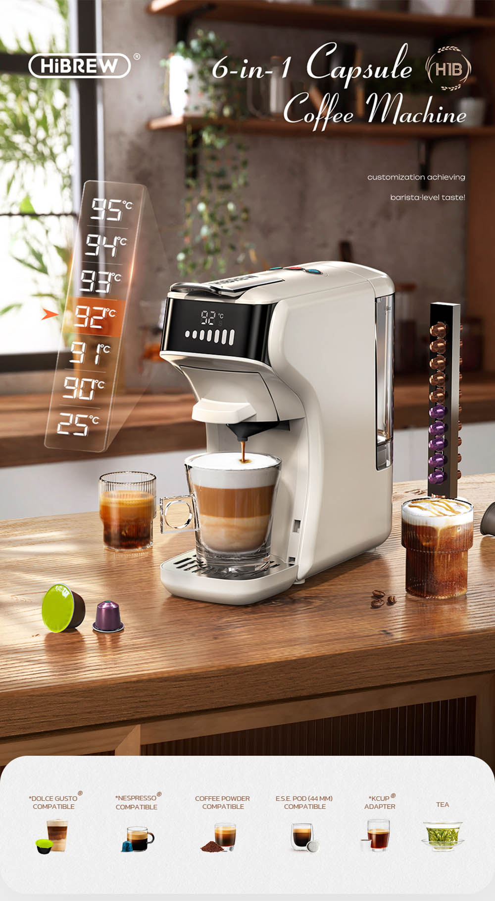 Kávovar HiBREW H1B 5 v 1 na kapsle, nádržka na vodu 600 ml, tlak extrakce 19 barů, režim studené/horké kávy, LED indikátor, pro Kcup*/Nes*/DG*/espresso prášek, béžová