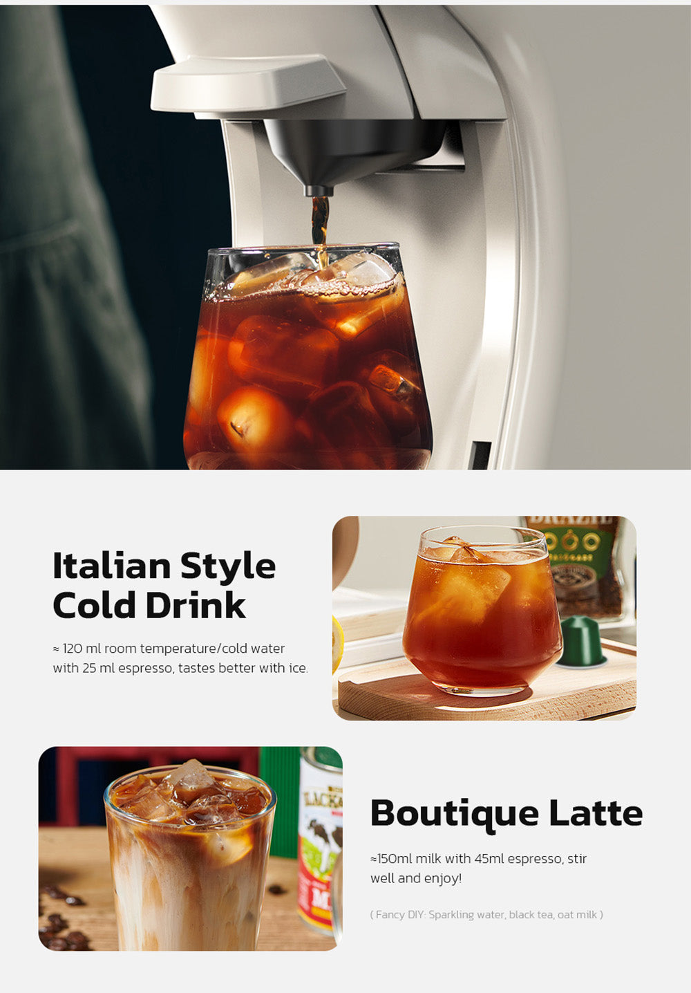 Kávovar HiBREW H1B 5 v 1 na kapsle, nádržka na vodu 600 ml, tlak extrakce 19 barů, režim studené/horké kávy, LED indikátor, pro Kcup*/Nes*/DG*/espresso prášek, béžová