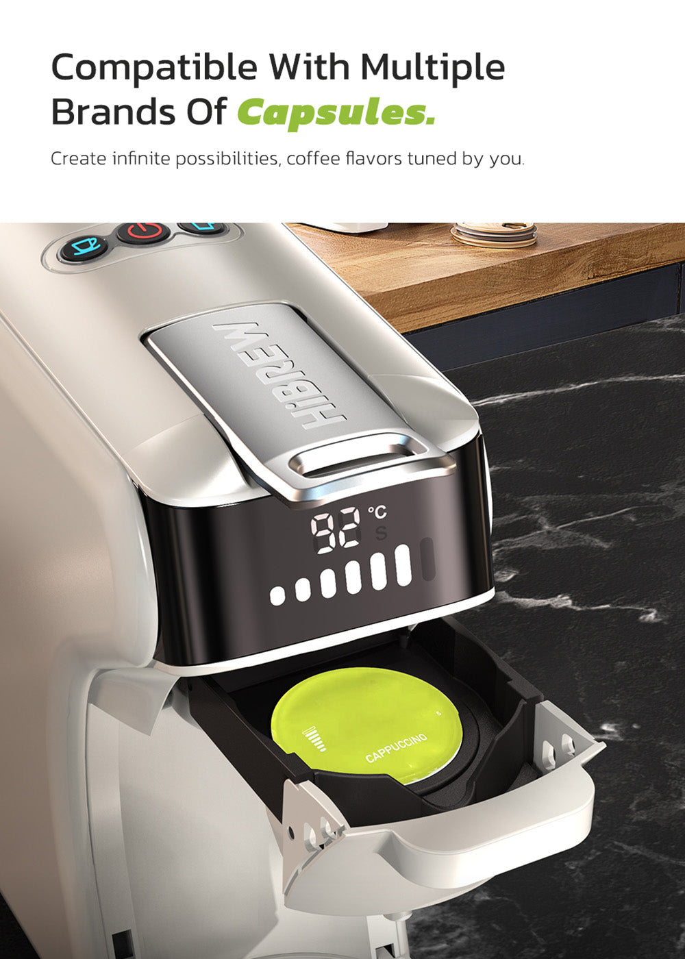 Kávovar HiBREW H1B 5 v 1 na kapsle, nádržka na vodu 600 ml, tlak extrakce 19 barů, režim studené/horké kávy, LED indikátor, pro Kcup*/Nes*/DG*/espresso prášek, béžová