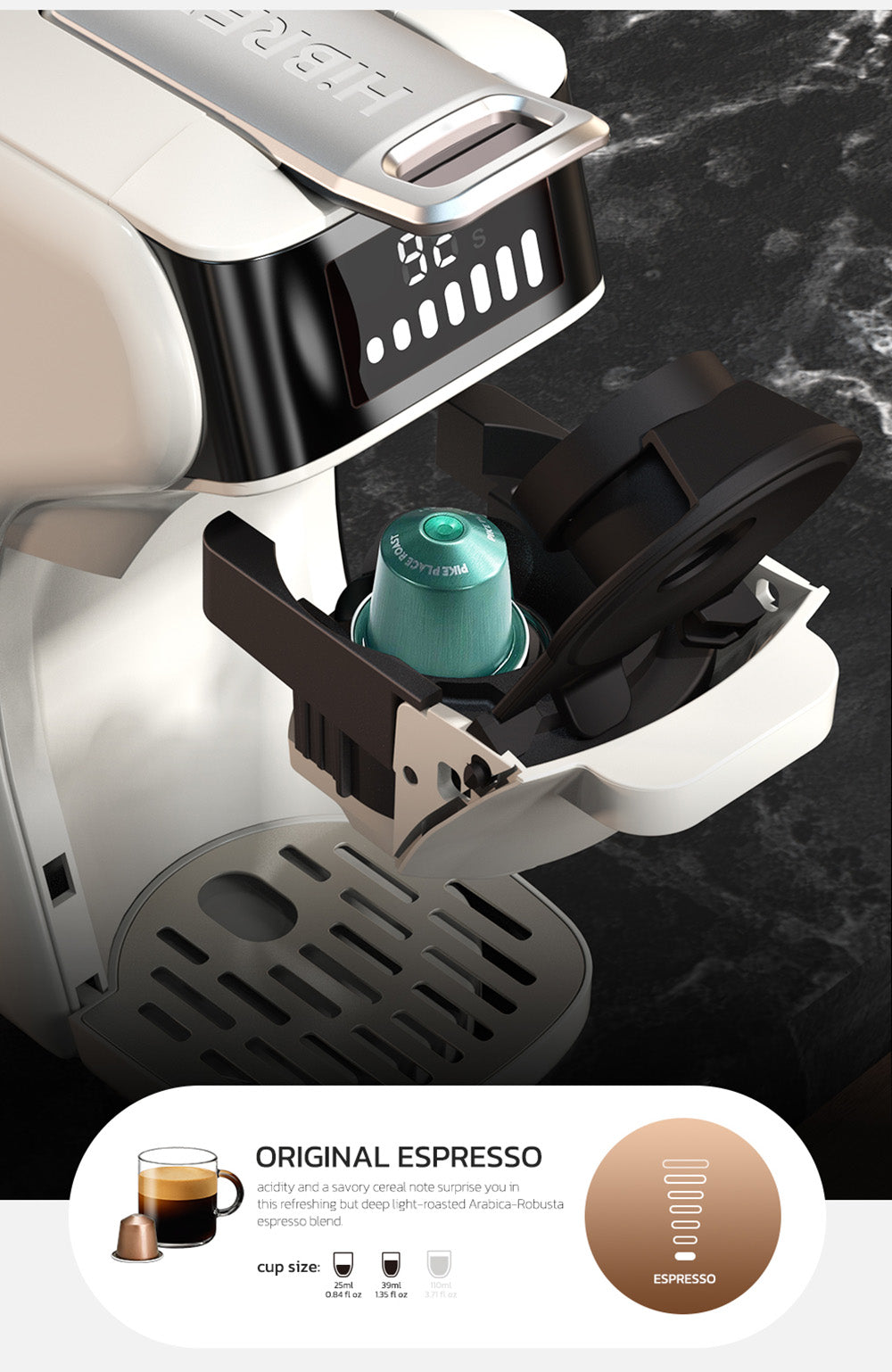 Kávovar HiBREW H1B 5 v 1 na kapsle, nádržka na vodu 600 ml, tlak extrakce 19 barů, režim studené/horké kávy, LED indikátor, pro Kcup*/Nes*/DG*/espresso prášek, béžová