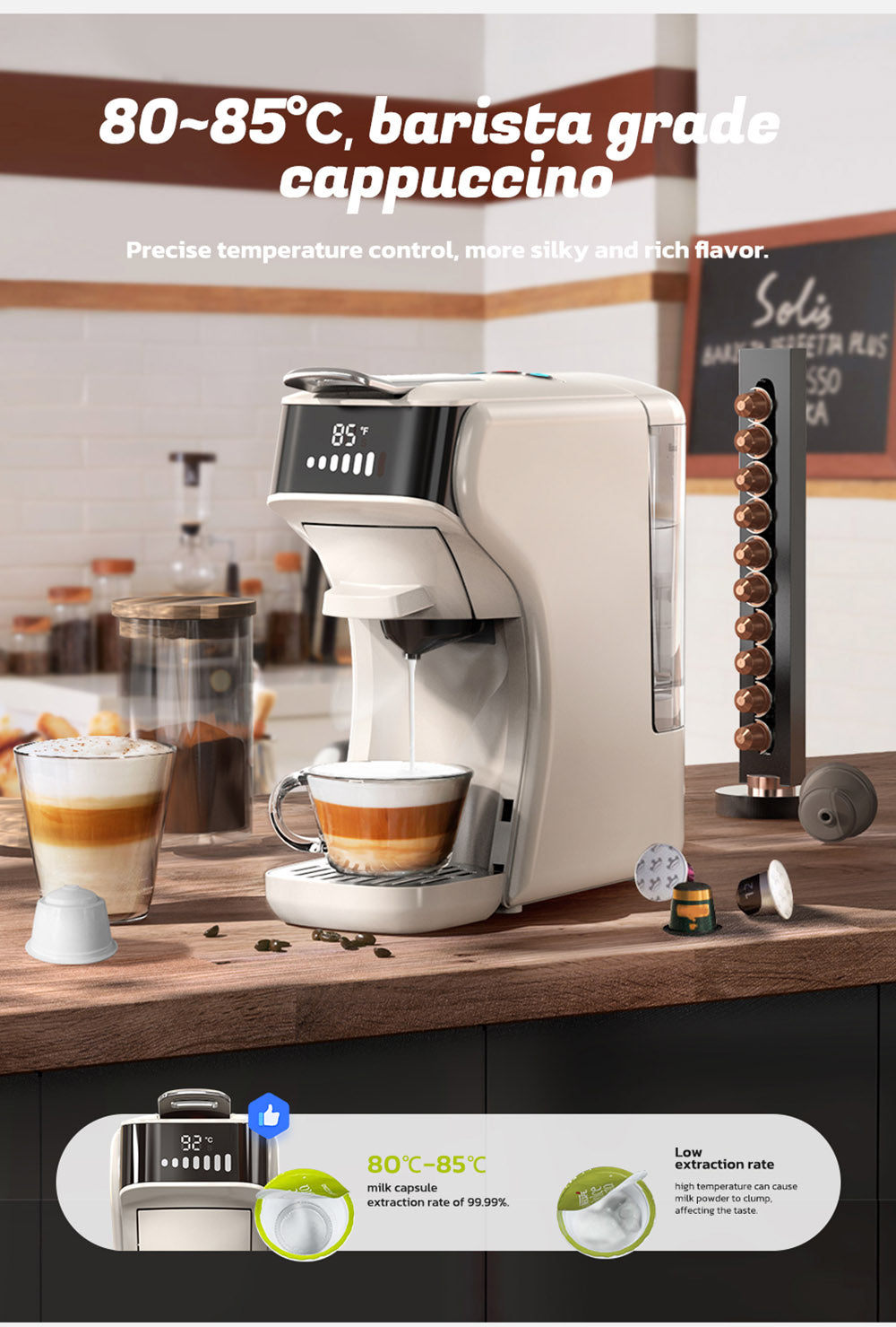 Kávovar HiBREW H1B 5 v 1 na kapsle, nádržka na vodu 600 ml, tlak extrakce 19 barů, režim studené/horké kávy, LED indikátor, pro Kcup*/Nes*/DG*/espresso prášek, béžová