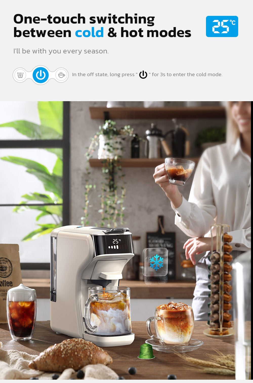 Kávovar HiBREW H1B 5 v 1 na kapsle, nádržka na vodu 600 ml, tlak extrakce 19 barů, režim studené/horké kávy, LED indikátor, pro Kcup*/Nes*/DG*/espresso prášek, béžová