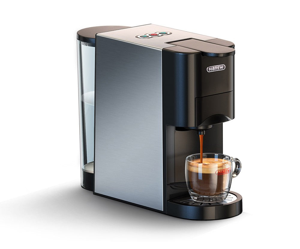 Kávovar HiBREW H3A 5 v 1, tlak 19 barů, režim studené/horké kávy, nádržka na vodu 1000 ml, ochrana proti vyschnutí - stříbrná