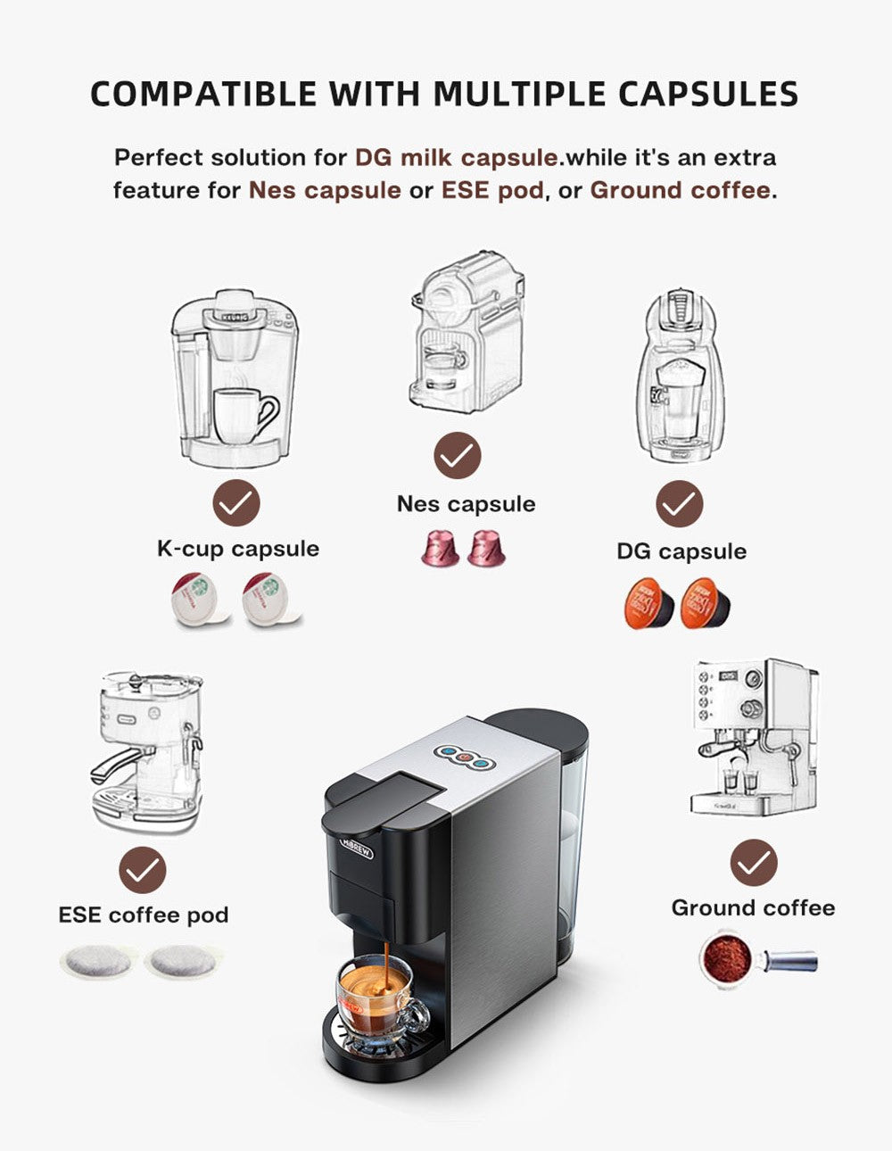 Kávovar HiBREW H3A 5 v 1, tlak 19 barů, režim studené/horké kávy, nádržka na vodu 1000 ml, ochrana proti vyschnutí - stříbrná