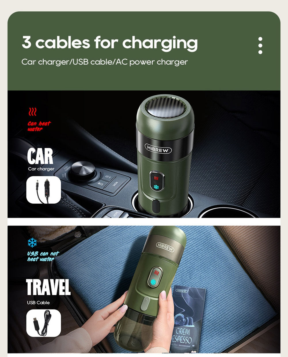 Bezdrátový přenosný espresso kávovar HiBREW H4B 3 v 1, tlak 15 barů, dobíjecí baterie 2200 mAh, s adaptérem a úložným pouzdrem.