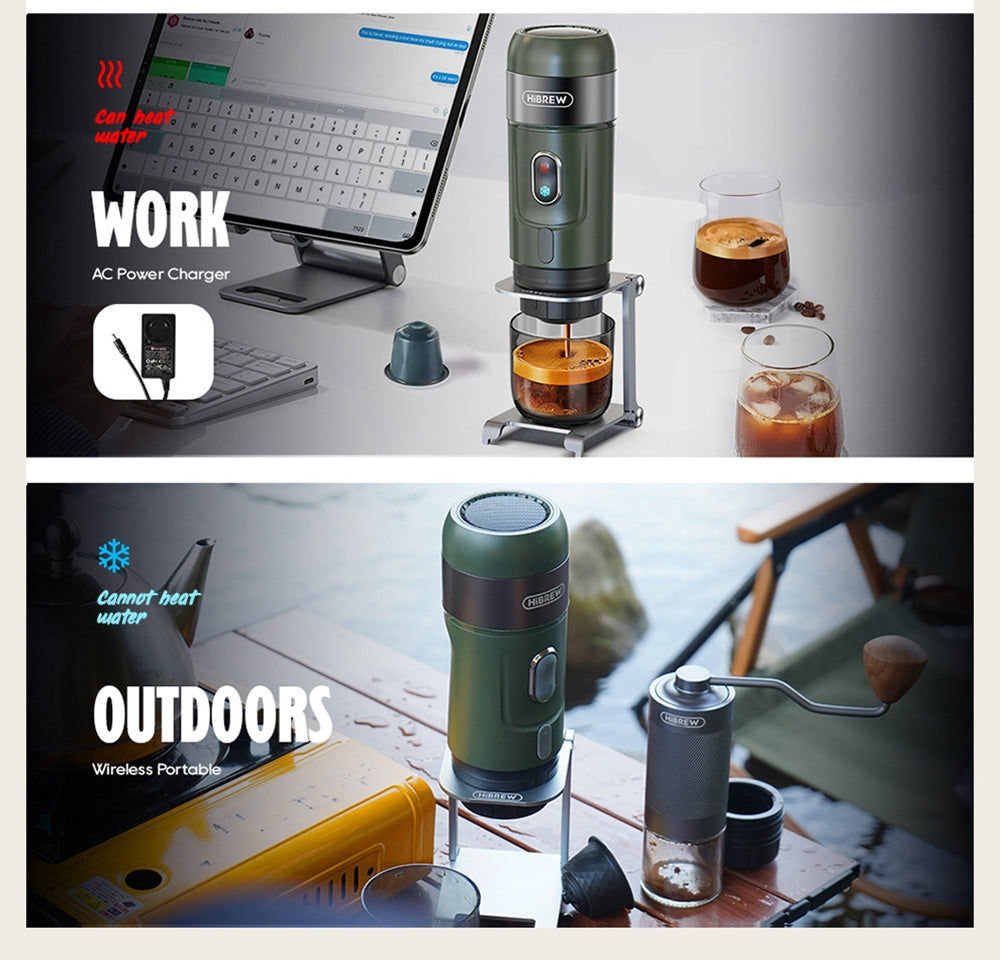 Bezdrátový přenosný espresso kávovar HiBREW H4B 3 v 1, tlak 15 barů, dobíjecí baterie 2200 mAh, s adaptérem a úložným pouzdrem.