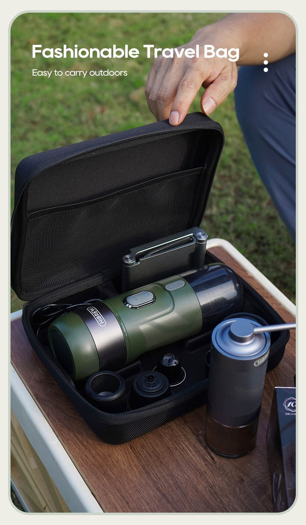 Bezdrátový přenosný espresso kávovar HiBREW H4B 3 v 1, tlak 15 barů, dobíjecí baterie 2200 mAh, s adaptérem a úložným pouzdrem.