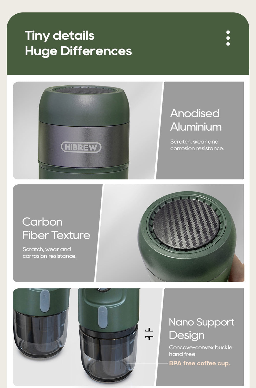 Bezdrátový přenosný espresso kávovar HiBREW H4B 3 v 1, tlak 15 barů, dobíjecí baterie 2200 mAh, s adaptérem a úložným pouzdrem.